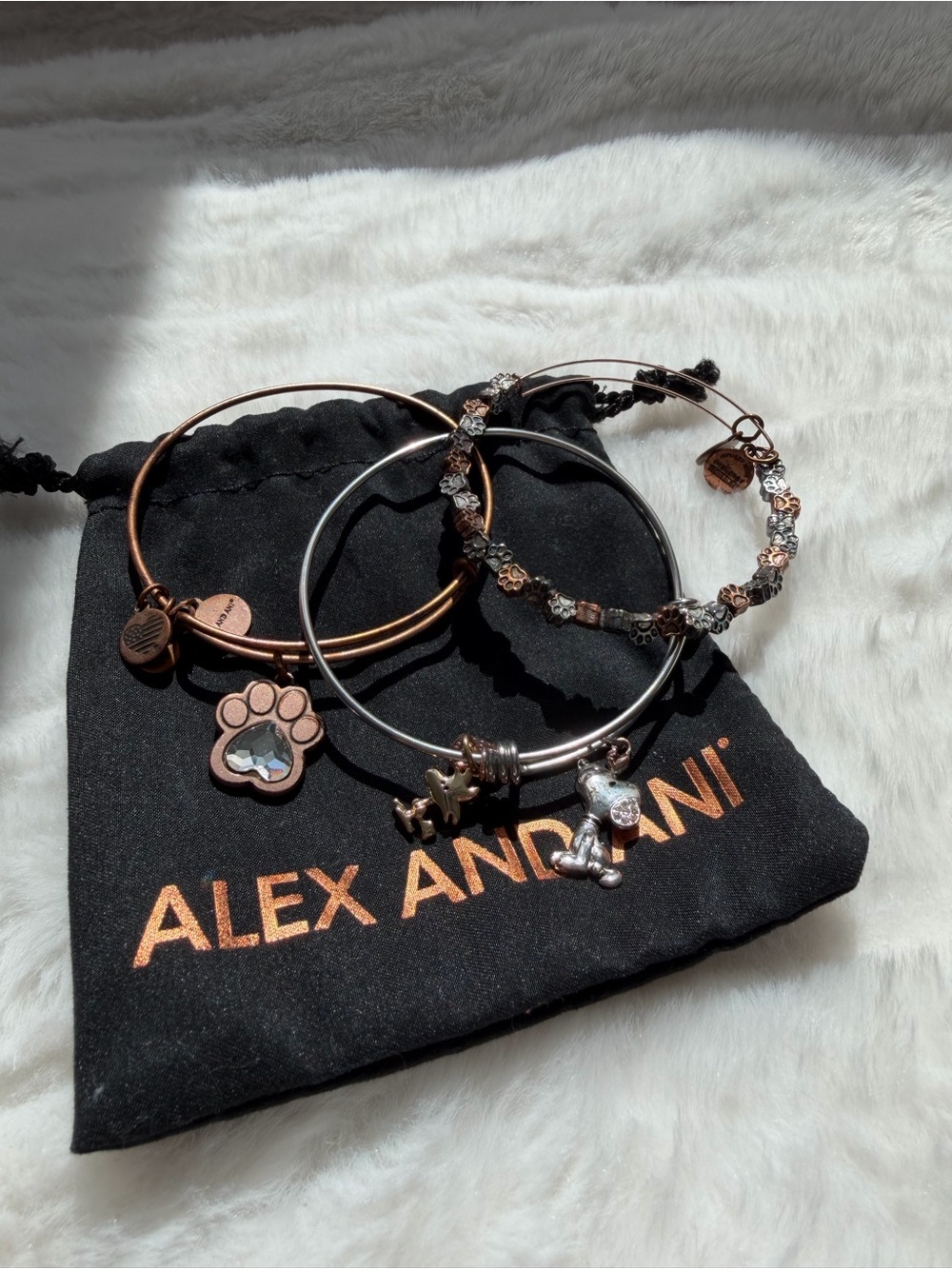 Alex and Ani Puppy Dog and Snoopy Charm Bangle Trio
